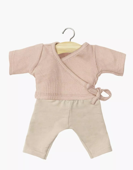 Ensemble cache-coeur en maille côtelée rose pétale et legging lin