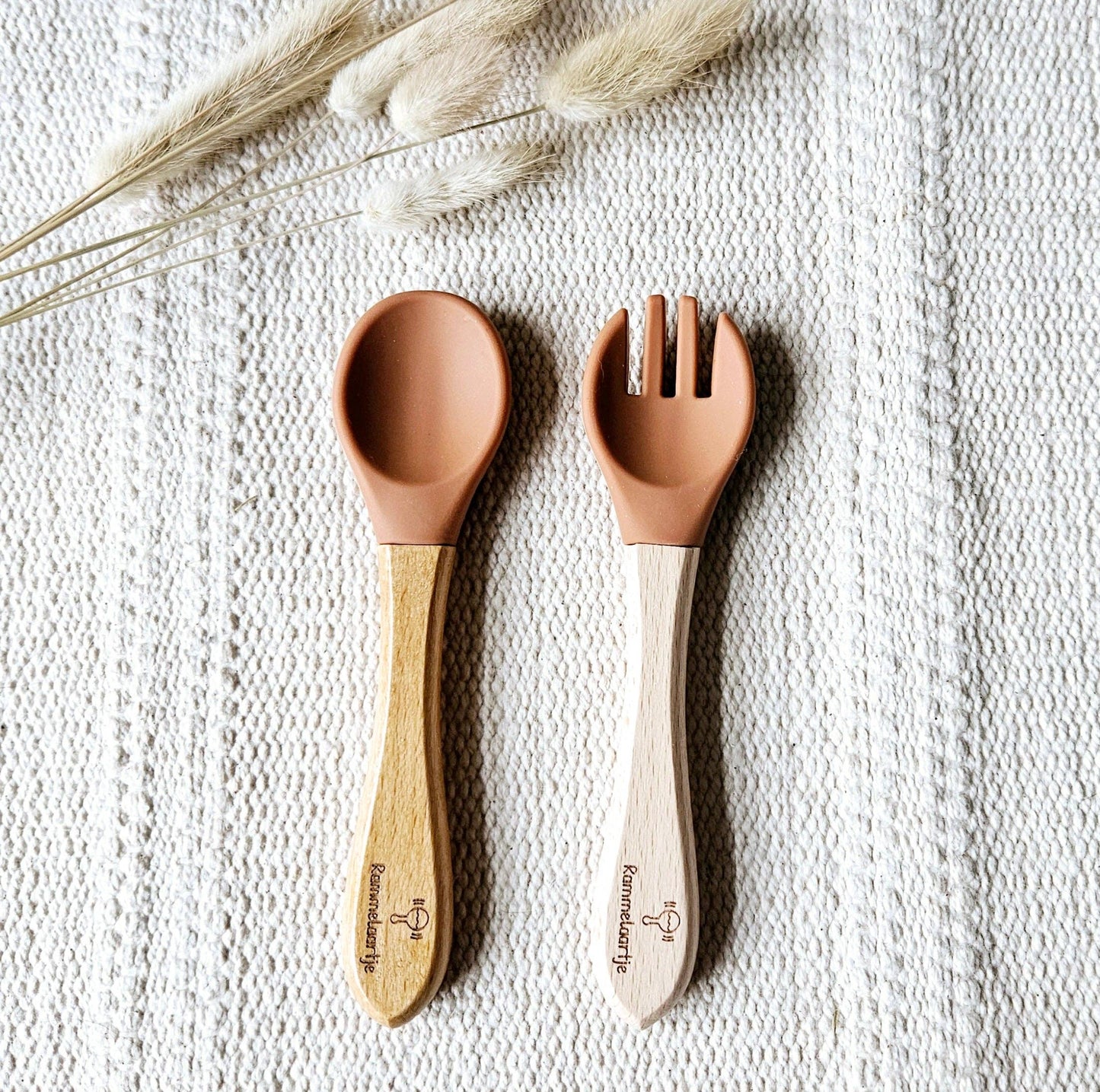 Rammelaartje - Cuillère et fourchette en silicone avec manche en bambou - Rouille