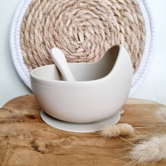 Rammelaartje - Bol en silicone avec ventouse et cuillère - Beige