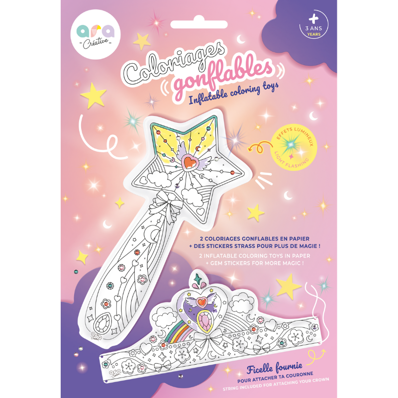 ARA-CREATIVE - 2 coloriages gonflables - 1 Baguette magique led & 1Couronne