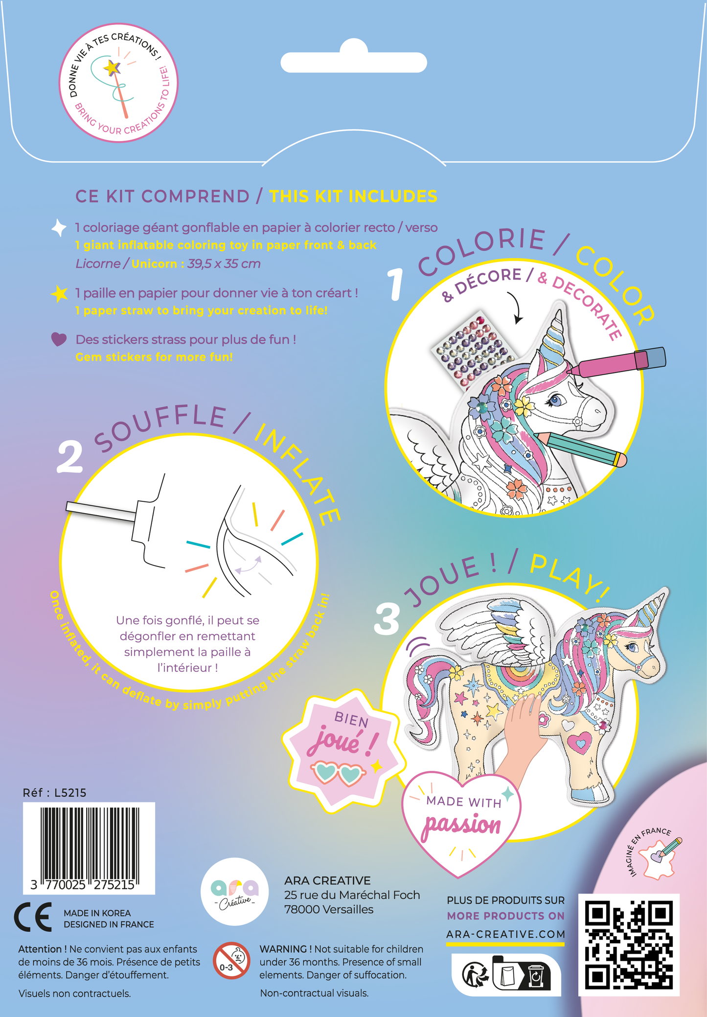 ARA-CREATIVE - Coloriage gonflable -  Licorne Géante