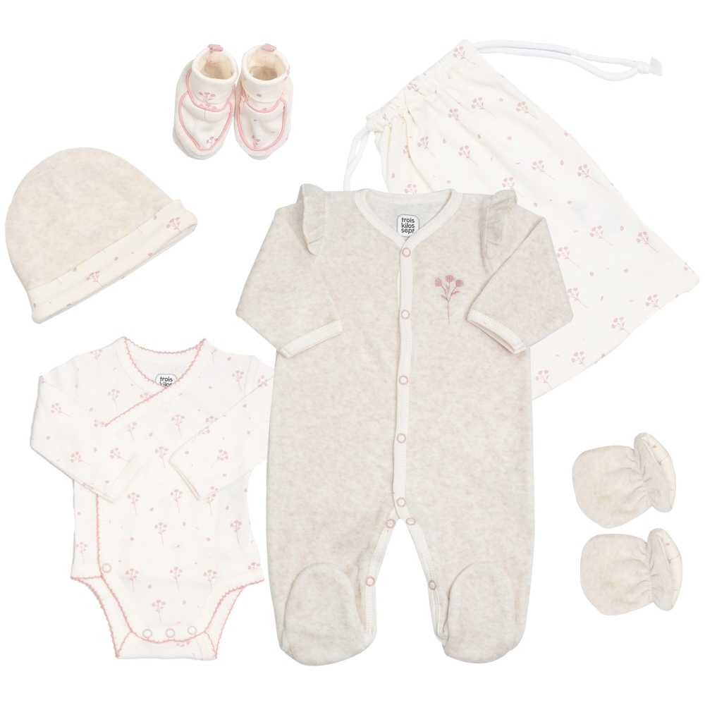 Trousseau de naissance - Motif floral -rose