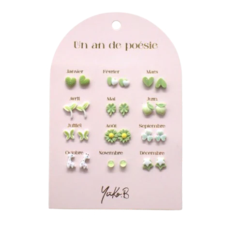 Ensemble de 12 paires de boucles d'oreilles en céramique Sans Nickel - Un An de Poésie Verte